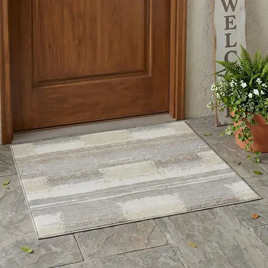 Ivory And Silver Geometric Washable Indoor Outdoor Area Rug Photo 1