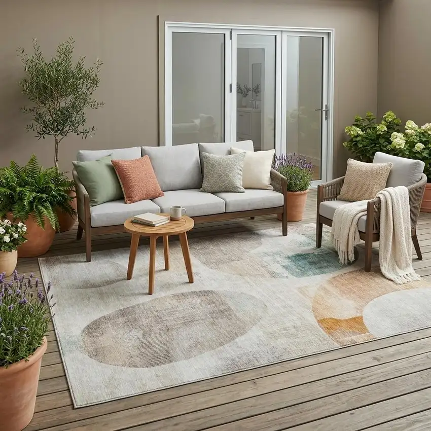 Ivory And Silver Geometric Washable Indoor Outdoor Area Rug Photo 1