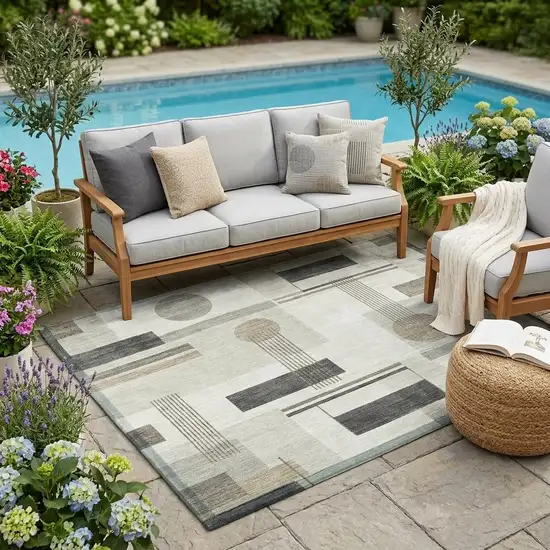 Ivory And Silver Geometric Washable Indoor Outdoor Area Rug Photo 1