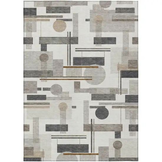 Ivory And Silver Geometric Washable Indoor Outdoor Area Rug Photo 4