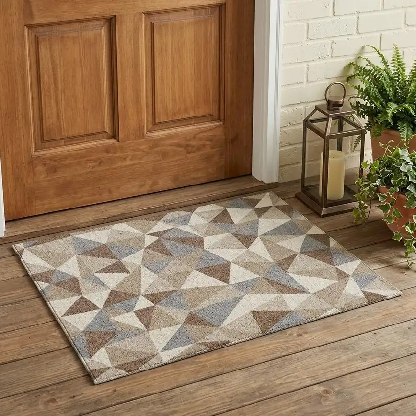 Ivory And Silver Geometric Washable Indoor Outdoor Area Rug Photo 1