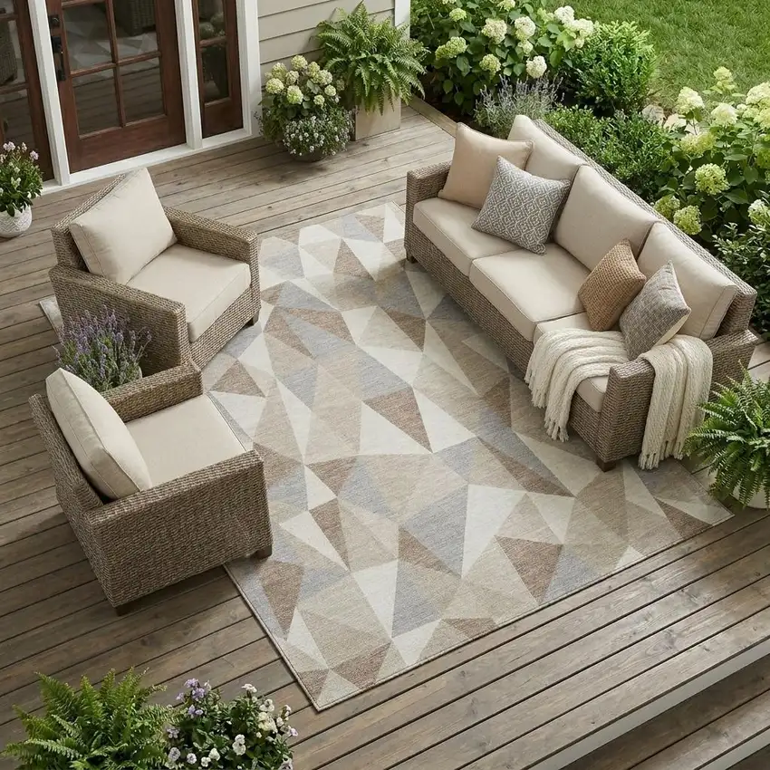 Ivory And Silver Geometric Washable Indoor Outdoor Area Rug Photo 1