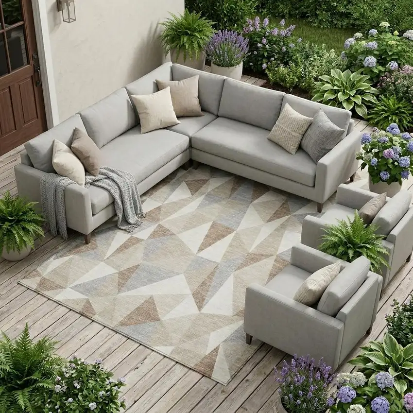 Ivory And Silver Geometric Washable Indoor Outdoor Area Rug Photo 1