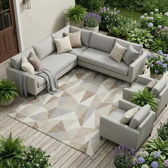 Ivory And Silver Geometric Washable Indoor Outdoor Area Rug Photo 1
