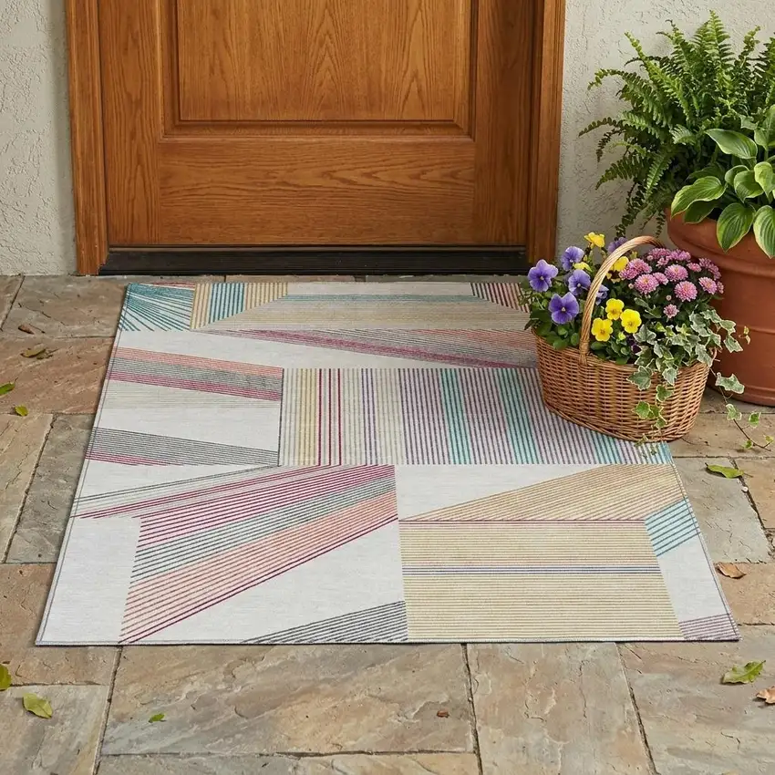 Ivory And Silver Geometric Washable Indoor Outdoor Area Rug Photo 1