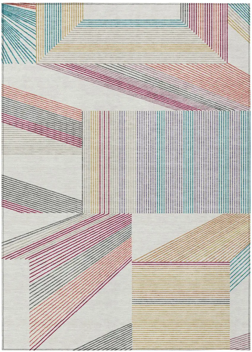 Ivory And Silver Geometric Washable Indoor Outdoor Area Rug Photo 2