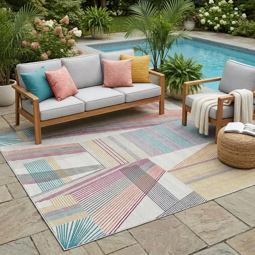 Ivory And Silver Geometric Washable Indoor Outdoor Area Rug Photo 1