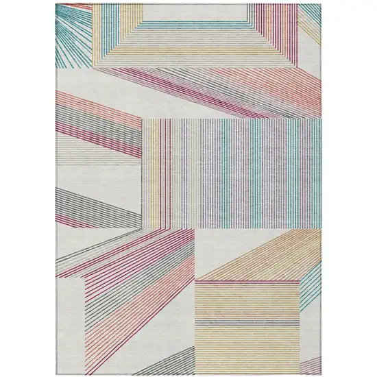 Ivory And Silver Geometric Washable Indoor Outdoor Area Rug Photo 2