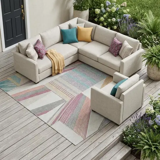 Ivory And Silver Geometric Washable Indoor Outdoor Area Rug Photo 1