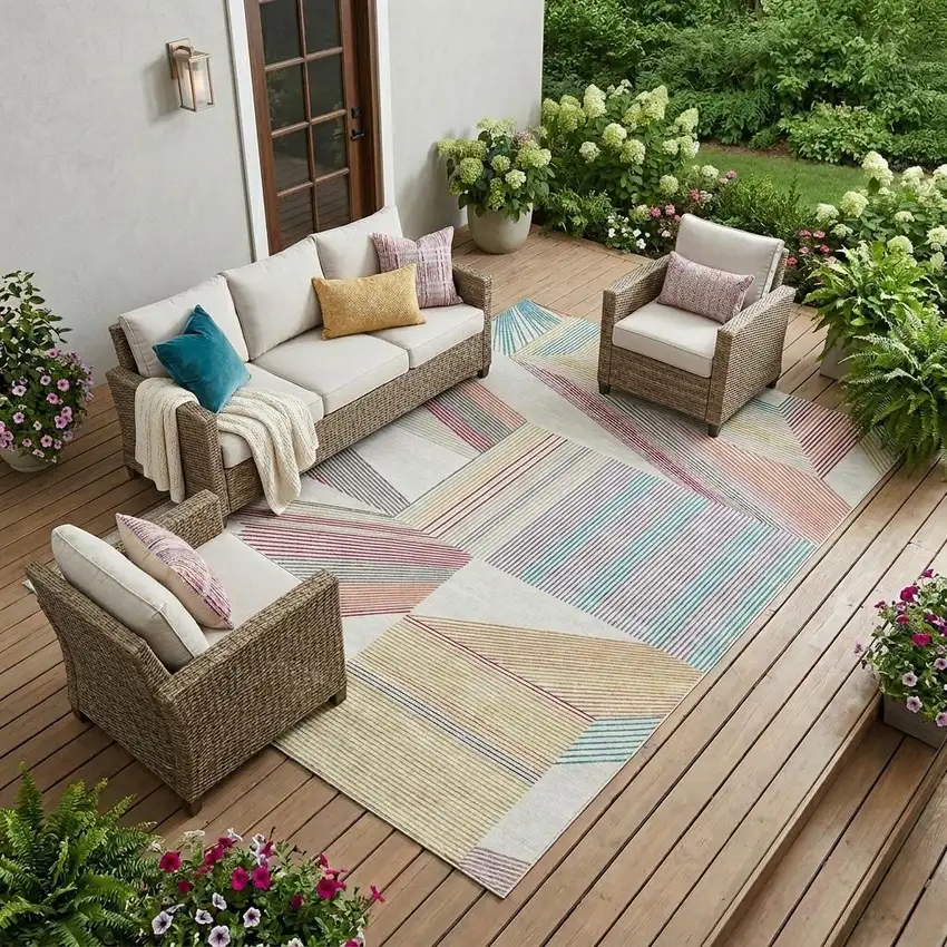 Ivory And Silver Geometric Washable Indoor Outdoor Area Rug Photo 1