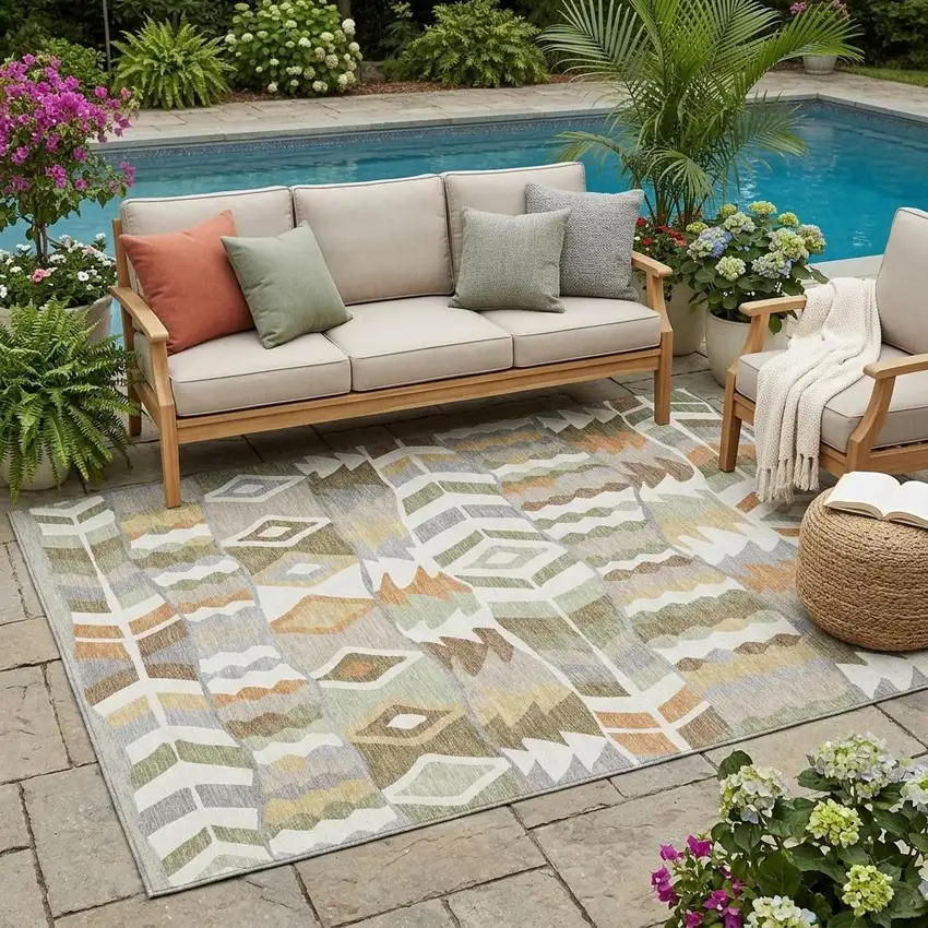 Ivory And Silver Geometric Washable Indoor Outdoor Area Rug Photo 1