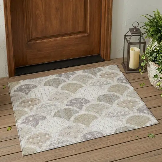Ivory And Silver Geometric Washable Indoor Outdoor Area Rug Photo 1