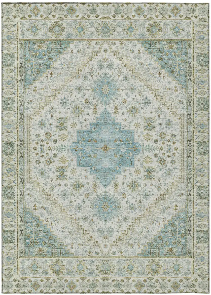 Ivory And Silver Oriental Washable Indoor Outdoor Area Rug Photo 2