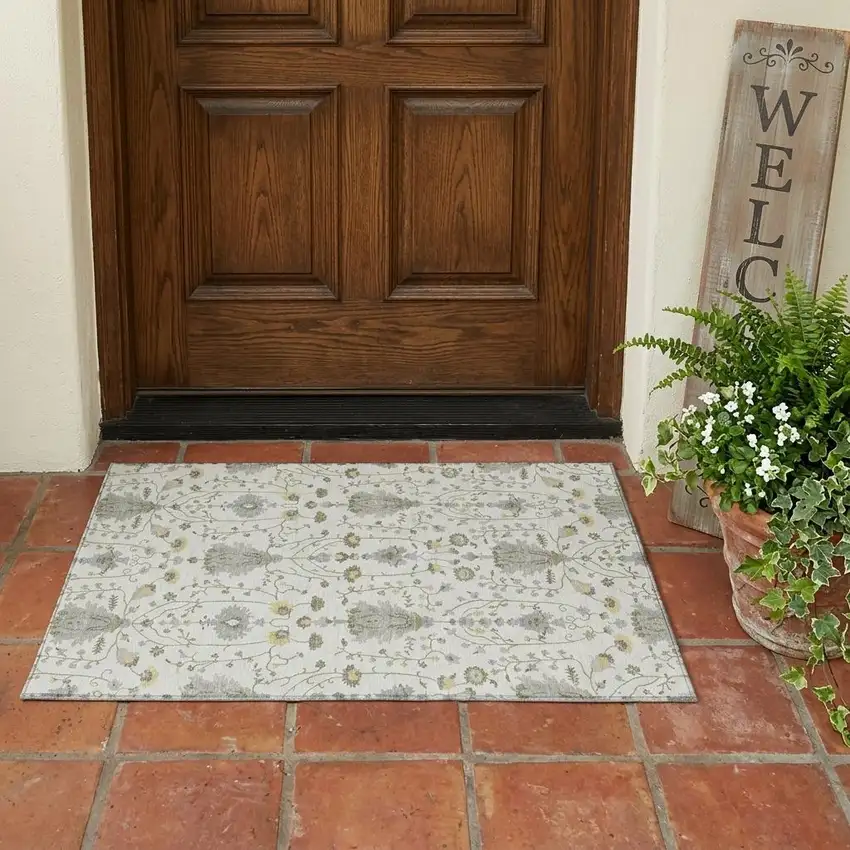 Ivory And Silver Oriental Washable Indoor Outdoor Area Rug Photo 1
