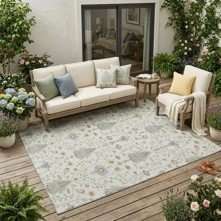 Ivory And Silver Oriental Washable Indoor Outdoor Area Rug Photo 1