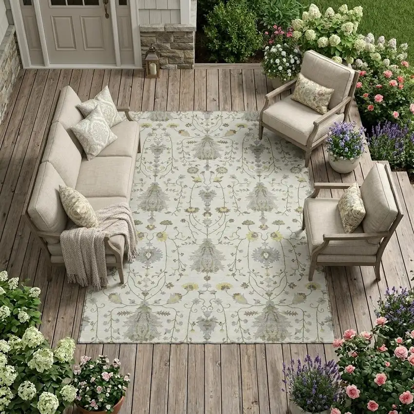 Ivory And Silver Oriental Washable Indoor Outdoor Area Rug Photo 1