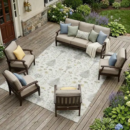 Ivory And Silver Oriental Washable Indoor Outdoor Area Rug Photo 1