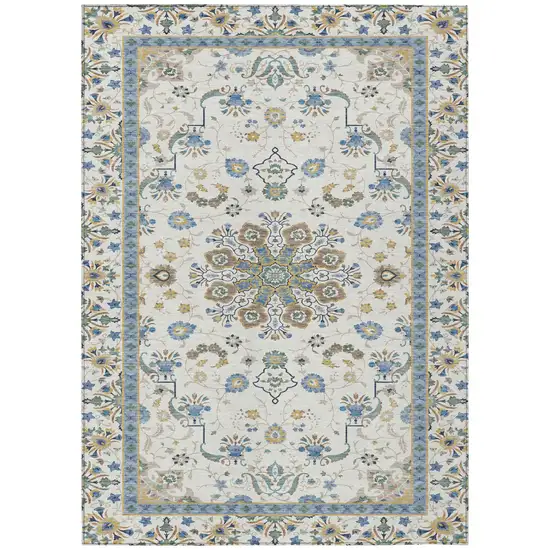 Ivory And Silver Oriental Washable Indoor Outdoor Area Rug Photo 2