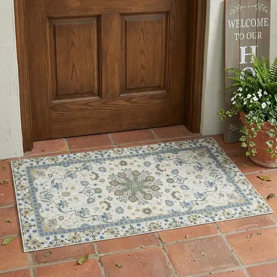 Ivory And Silver Oriental Washable Indoor Outdoor Area Rug Photo 1