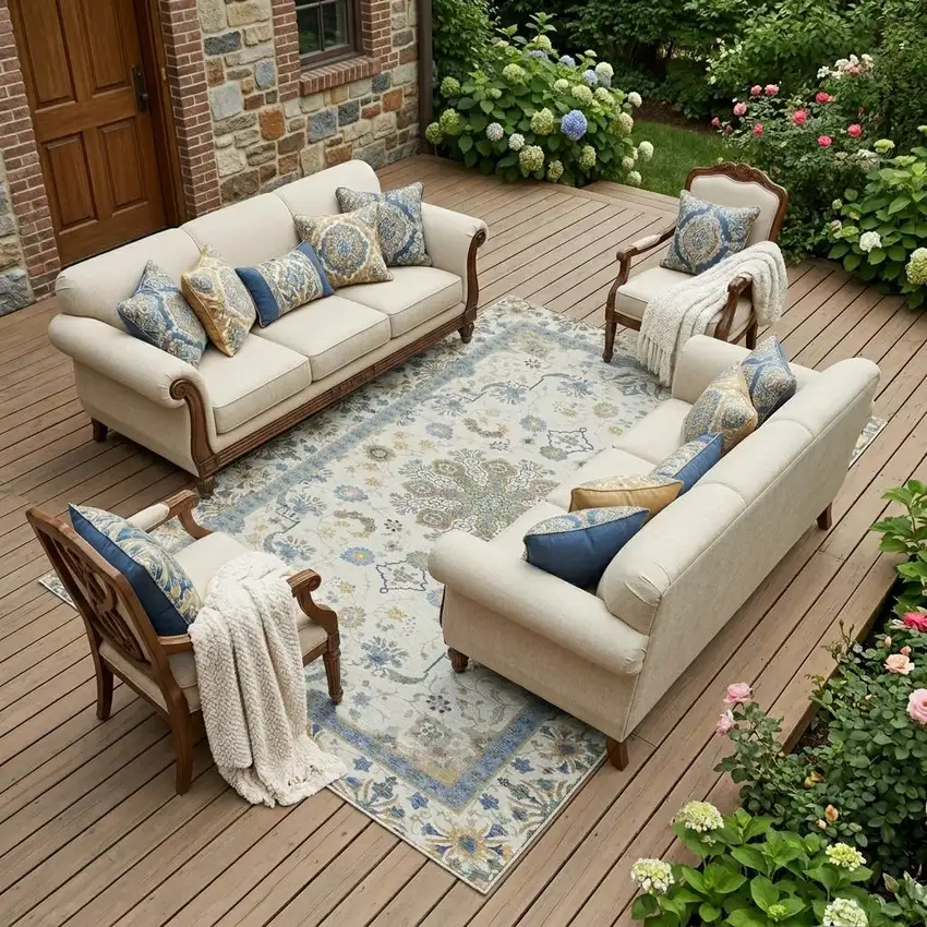Ivory And Silver Oriental Washable Indoor Outdoor Area Rug Photo 1