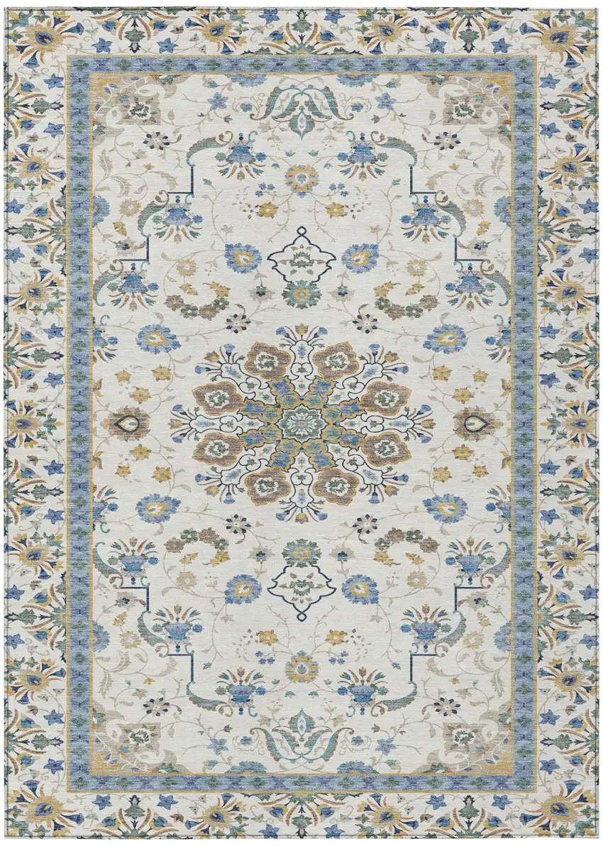 Ivory And Silver Oriental Washable Indoor Outdoor Area Rug Photo 2