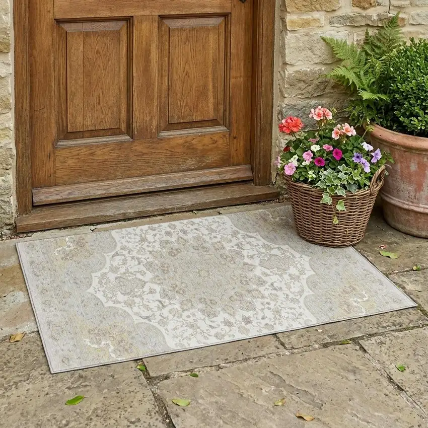 Ivory And Silver Oriental Washable Indoor Outdoor Area Rug Photo 1