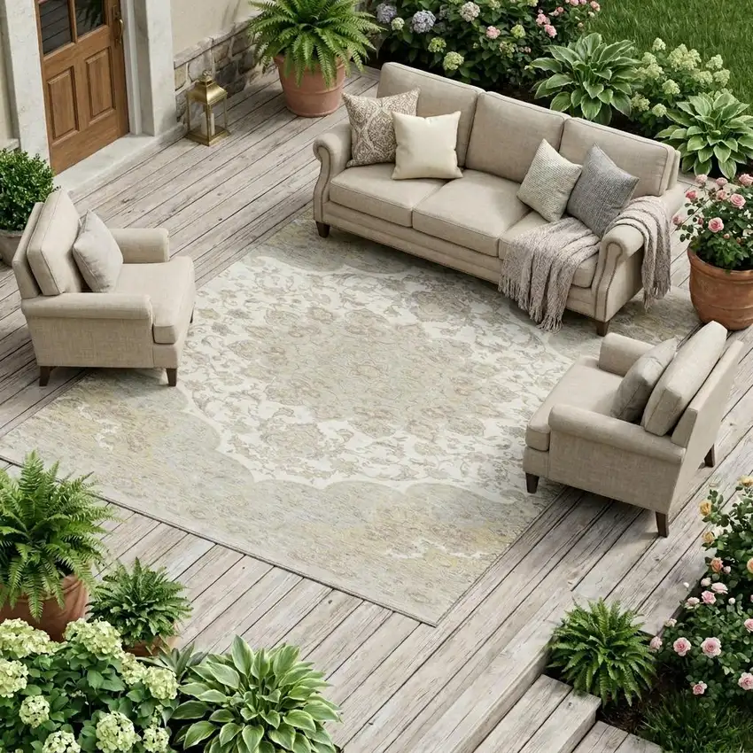 Ivory And Silver Oriental Washable Indoor Outdoor Area Rug Photo 1