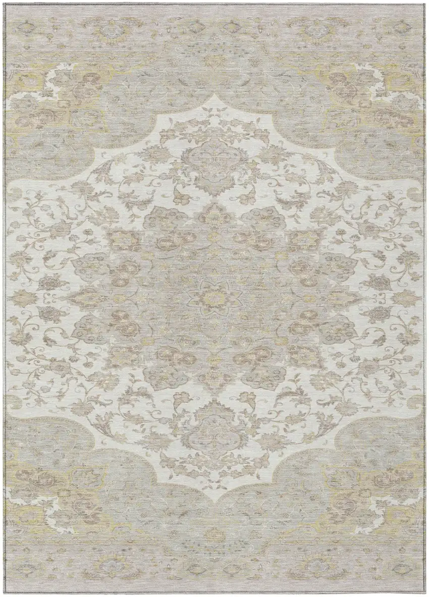 Ivory And Silver Oriental Washable Indoor Outdoor Area Rug Photo 2