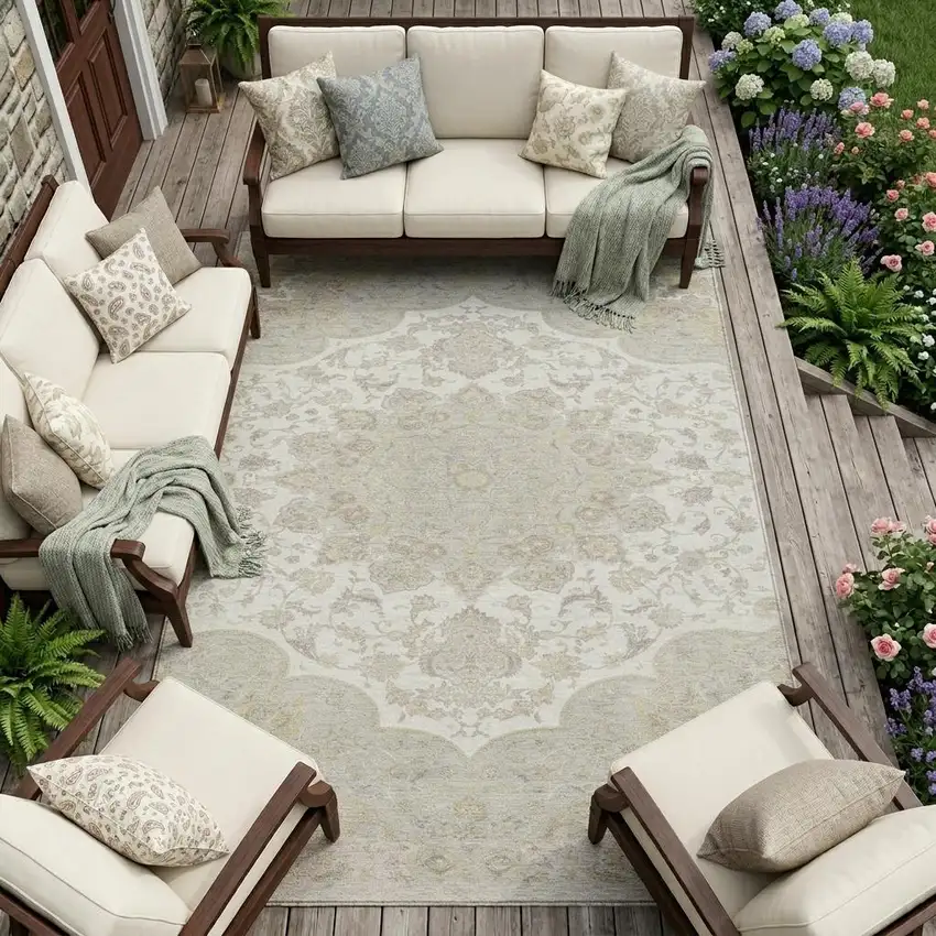 Ivory And Silver Oriental Washable Indoor Outdoor Area Rug Photo 1