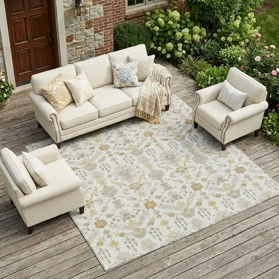Ivory And Silver Oriental Washable Indoor Outdoor Area Rug Photo 1