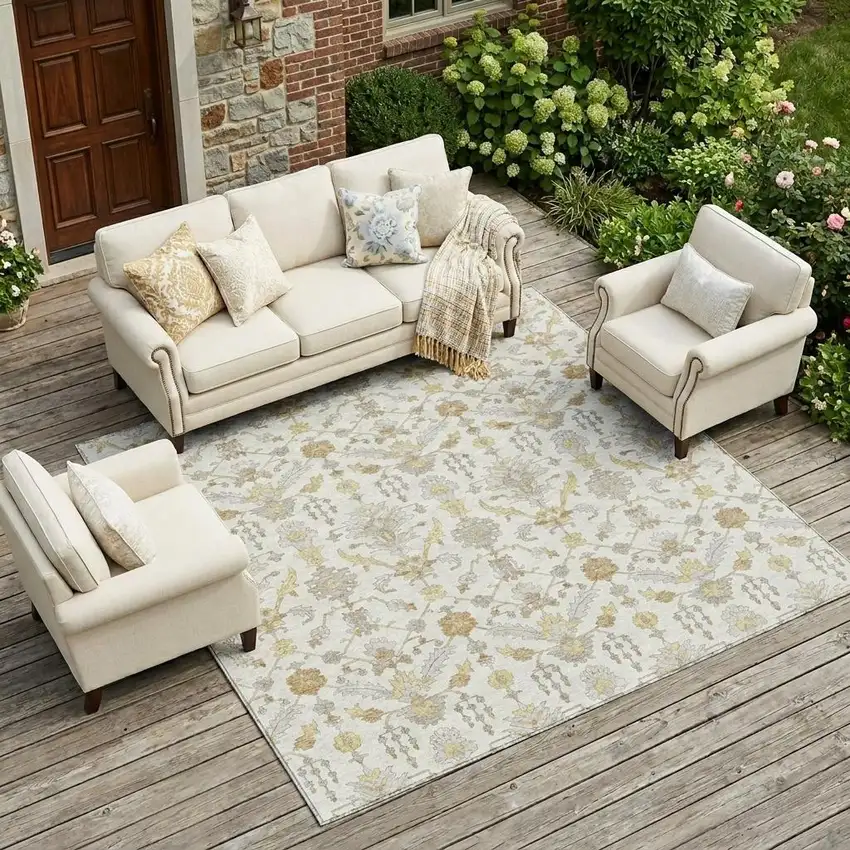 Ivory And Silver Oriental Washable Indoor Outdoor Area Rug Photo 1