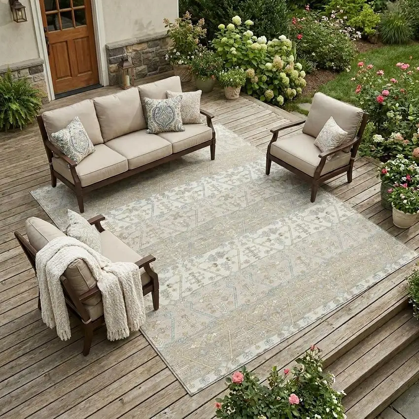 Ivory And Silver Oriental Washable Indoor Outdoor Area Rug Photo 1