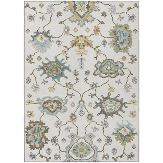 Ivory And Silver Oriental Washable Indoor Outdoor Area Rug Photo 1