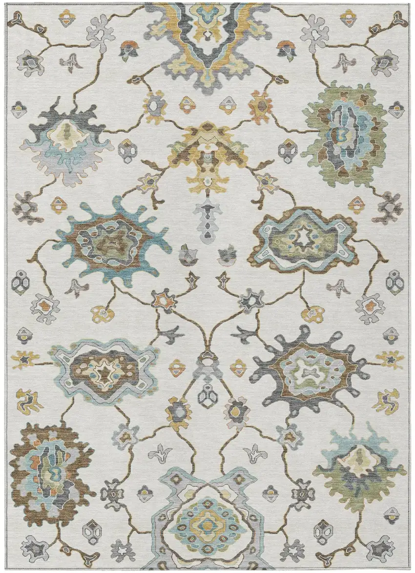 Ivory And Silver Oriental Washable Indoor Outdoor Area Rug Photo 1