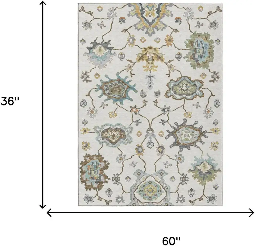 Ivory And Silver Oriental Washable Indoor Outdoor Area Rug Photo 6