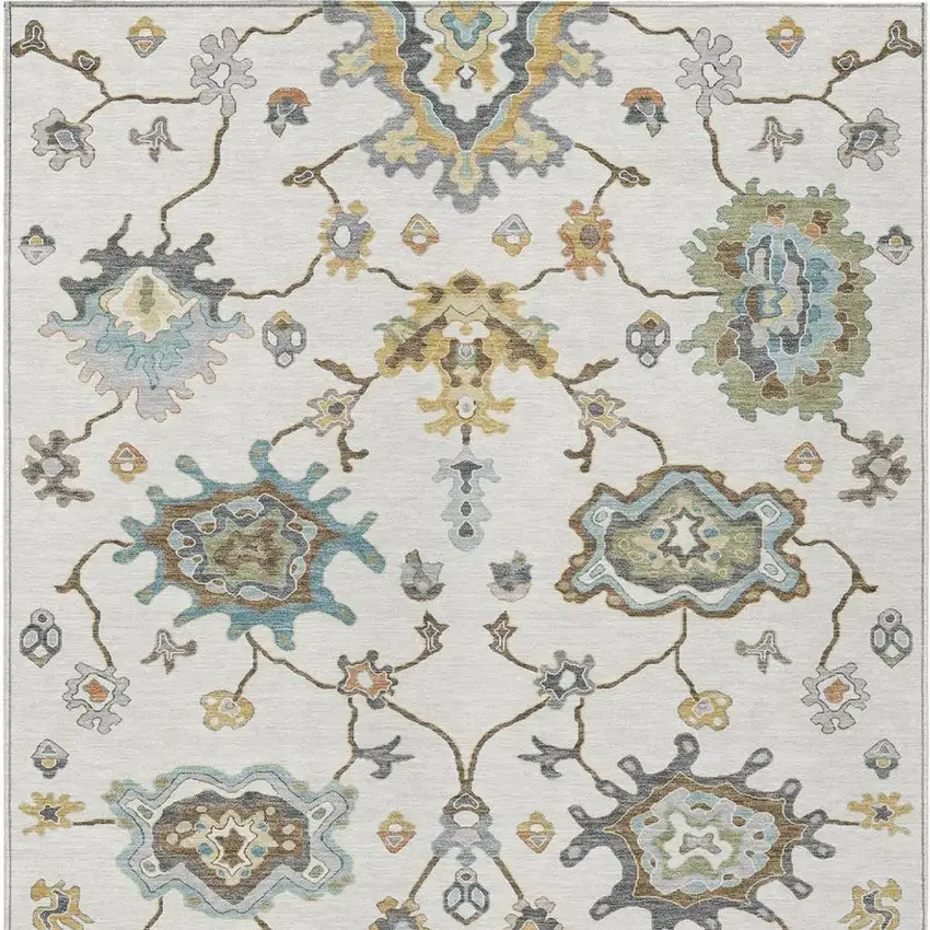 Ivory And Silver Oriental Washable Indoor Outdoor Area Rug Photo 2