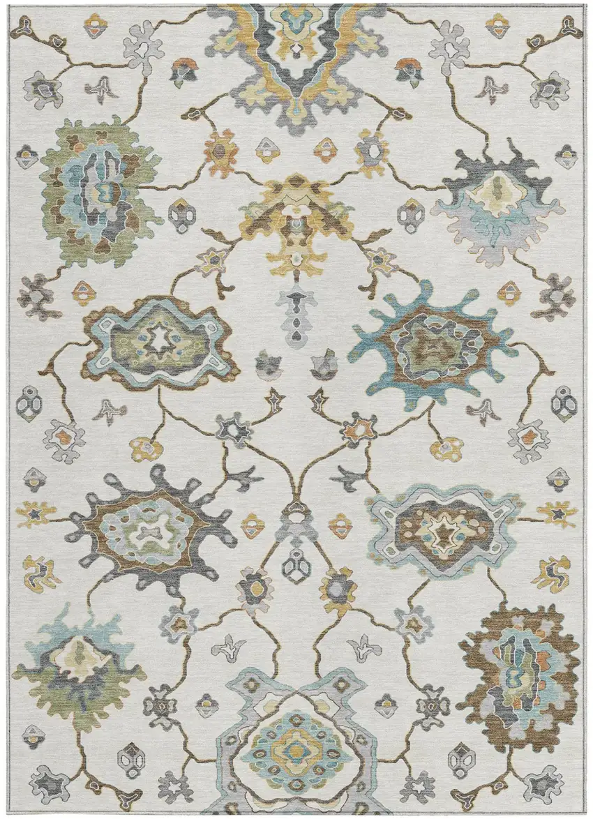 Ivory And Silver Oriental Washable Indoor Outdoor Area Rug Photo 3