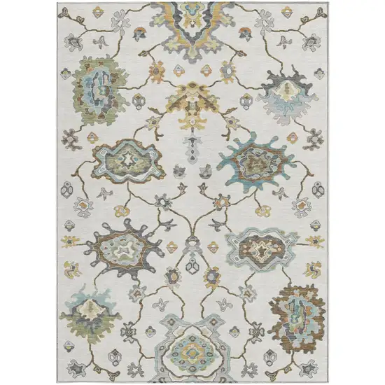 Ivory And Silver Oriental Washable Indoor Outdoor Area Rug Photo 3
