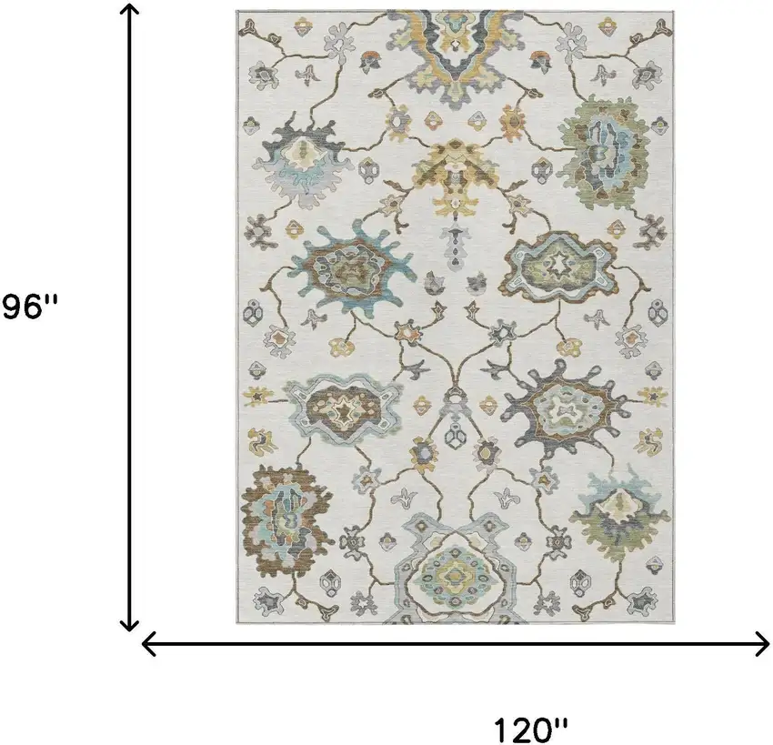 Ivory And Silver Oriental Washable Indoor Outdoor Area Rug Photo 6