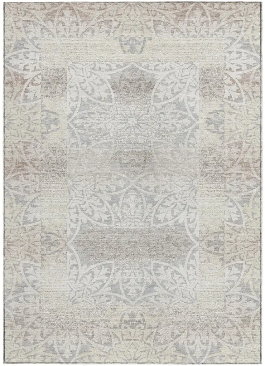 Ivory And Silver Oriental Washable Indoor Outdoor Area Rug Photo 3
