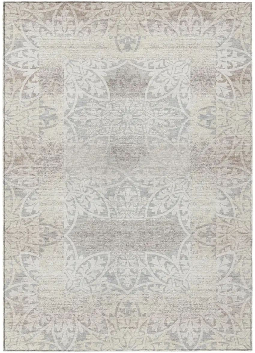 Ivory And Silver Oriental Washable Indoor Outdoor Area Rug Photo 2