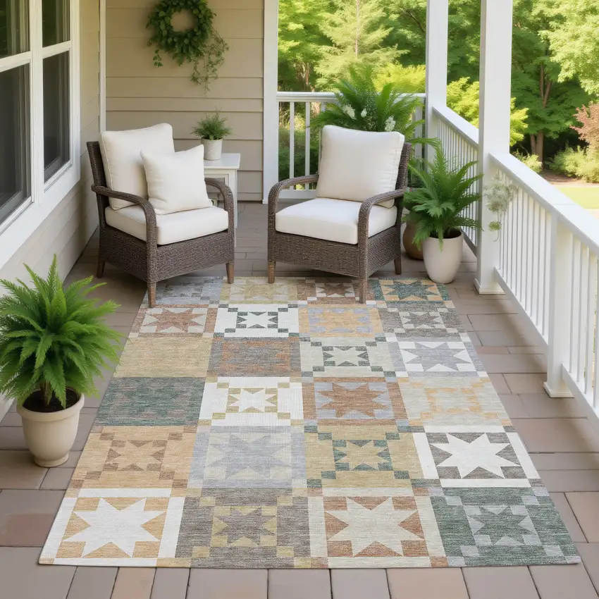 Ivory And Silver Patchwork Washable Indoor Outdoor Area Rug Photo 7