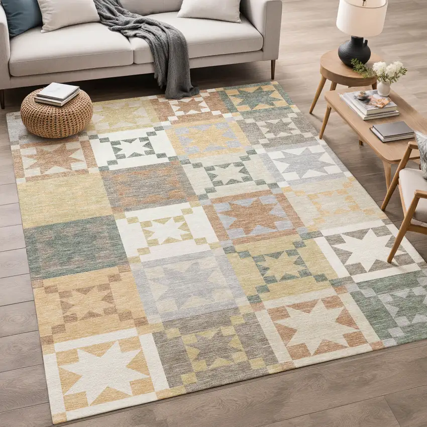 Ivory And Silver Patchwork Washable Indoor Outdoor Area Rug Photo 5
