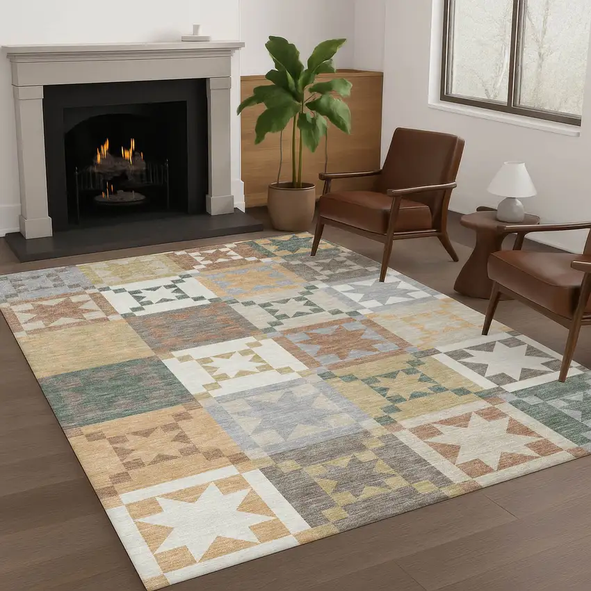 Ivory And Silver Patchwork Washable Indoor Outdoor Area Rug Photo 6