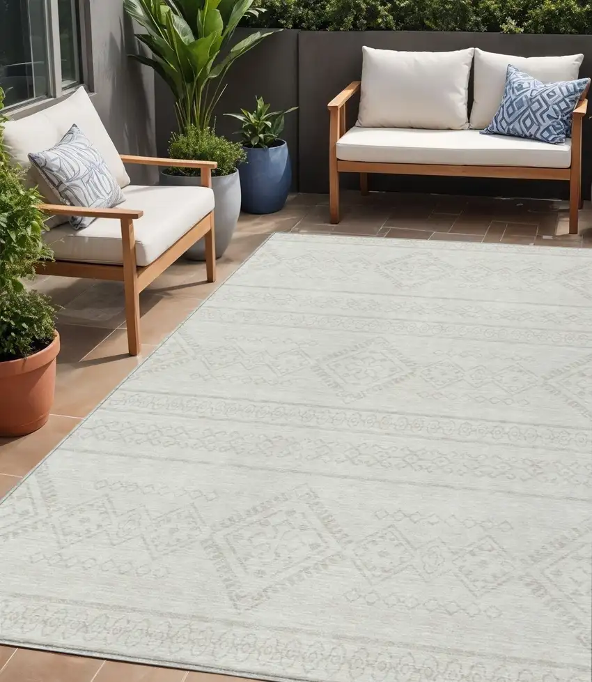 Ivory And Silver Southwestern Washable Indoor Outdoor Area Rug Photo 1