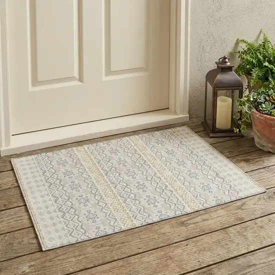 Ivory And Silver Striped Washable Indoor Outdoor Area Rug Photo 1