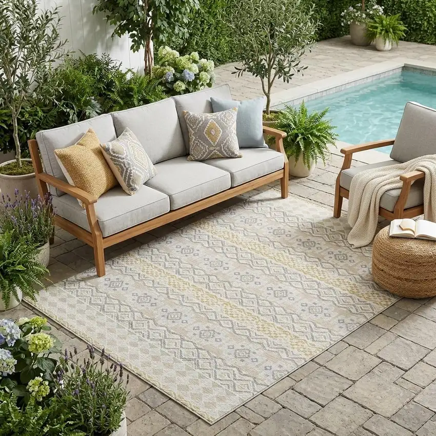Ivory And Silver Striped Washable Indoor Outdoor Area Rug Photo 1