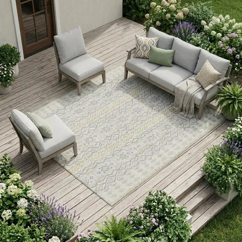 Ivory And Silver Striped Washable Indoor Outdoor Area Rug Photo 1