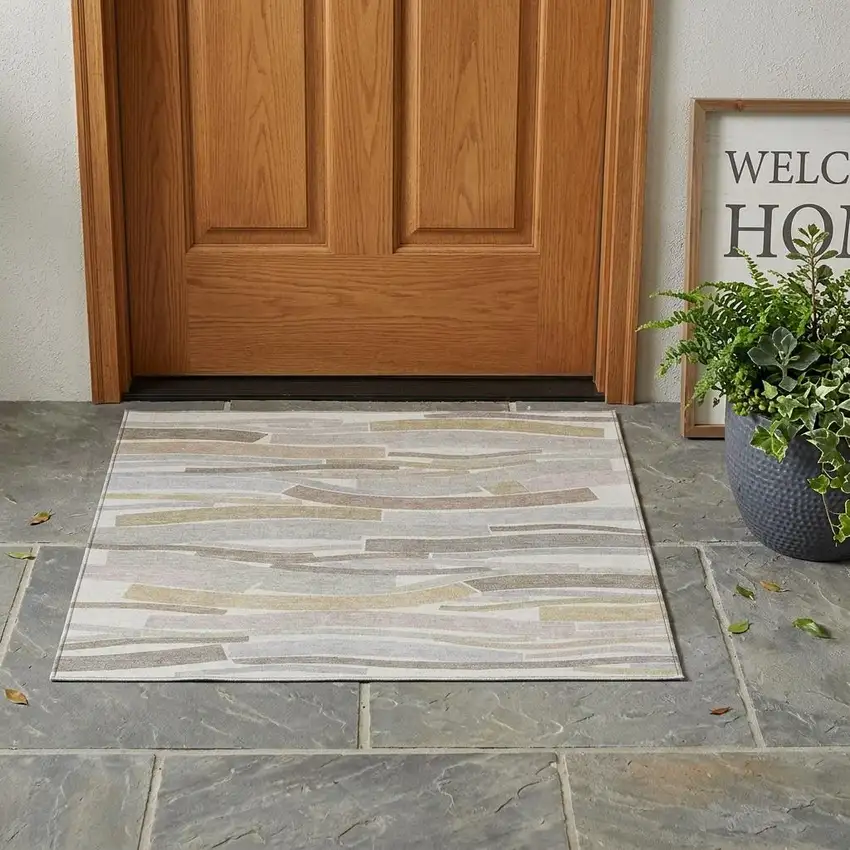 Ivory And Silver Striped Washable Indoor Outdoor Area Rug Photo 1