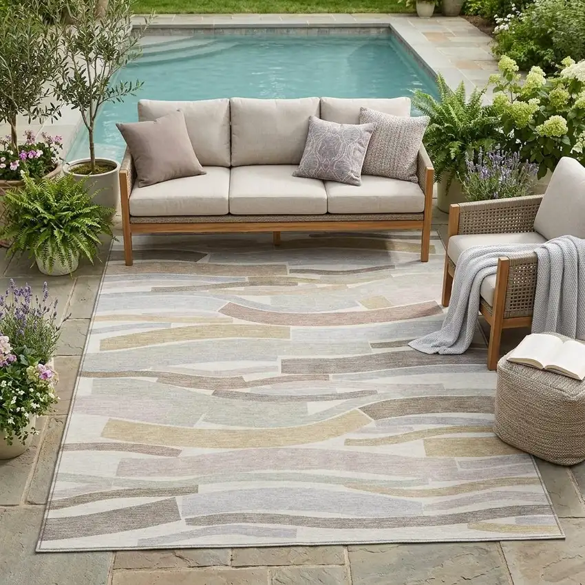 Ivory And Silver Striped Washable Indoor Outdoor Area Rug Photo 1